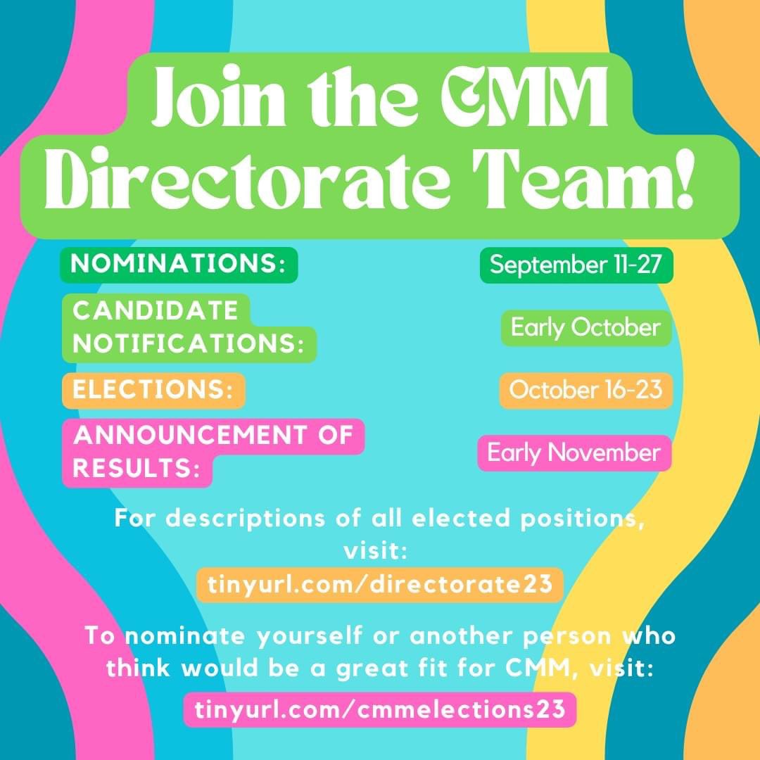 ACPA_CMM's tweet photo. Exciting news: CMM is now accepting nominations for new directorate members. The deadline is Friday, September 29. Come join us!!!

Info on the positions: https://t.co/vBEHwwQTRI

Nominate folks: https://t.co/kcGOoW3Igt

Apply here: https://t.co/SL7dOrCa73 https://t.co/lgwxhdZsEn