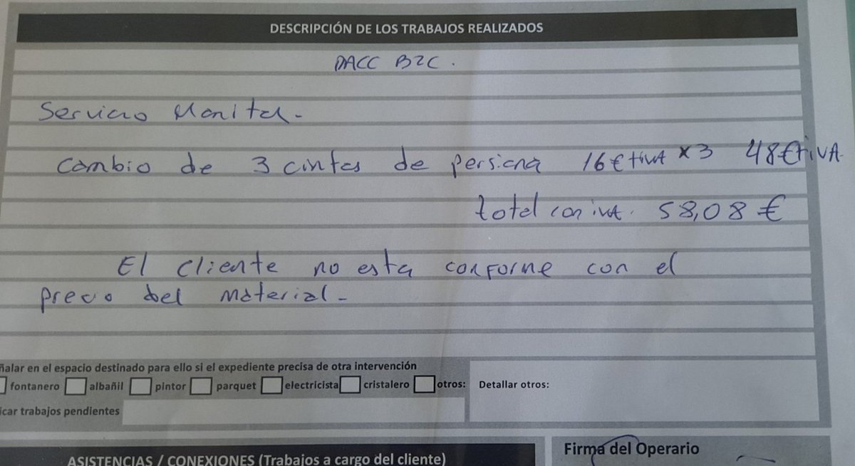 FrancescMorale6's tweet photo. Si feu servir el servei de manetes del @RACC @RACCoficina  penseu molt el que feu. Podeu tenir males experiències, com que una empresa instal·ladora com Servihogar  24h et cobri 58,08 € per 3 cintes de persiana que no costen 10€. 
Si no tens material es cobren les hores així. https://t.co/Qt0aJFXY96