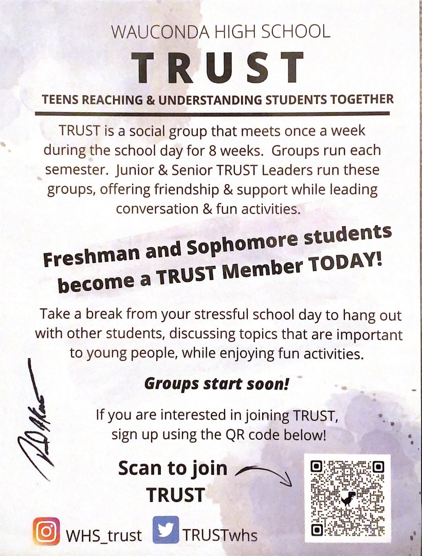 It’s TRUST SIGN UP WEEK! Freshmen and Sophomores sign up to be in a group! Scan the QR code on the flyers or use the link in bio :)
