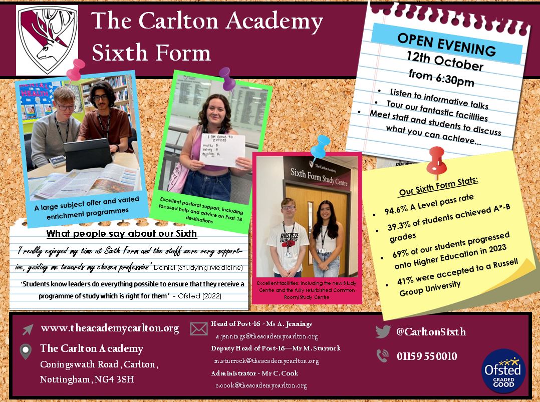 You are invited to our Sixth Form Open Evening on 12th October - 6:30pm - to discover more about what our fantastic Sixth Form can offer you <a href="/Carlton_Academy/">The Carlton Academy</a> <a href="/RedhillTrust/">Redhill Academy Trust</a>