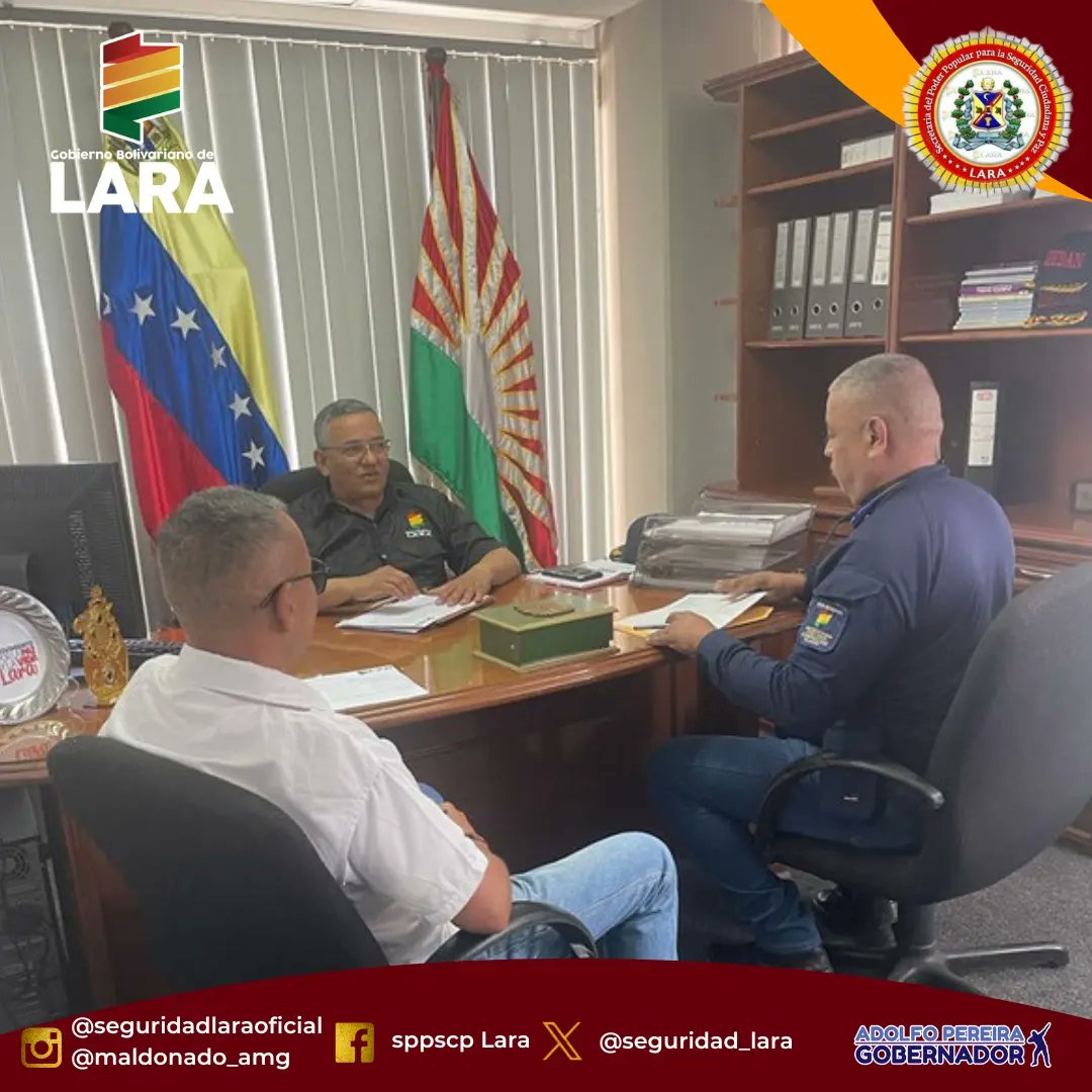 Seguridad_Lara's tweet photo. #25Sep ||• Cumpliendo instrucciones del Ciudadano @AdolfoP_Oficial, el Secretario de Seguridad Ciudadana y Paz G/D @maldonado_amg, efectuó reunión de coordinación con el Director de @fonpredse C/G Parra Eutimio, Director de la Dirección de Asuntos Civiles y Comisionado Regional https://t.co/qlsly9fYEC