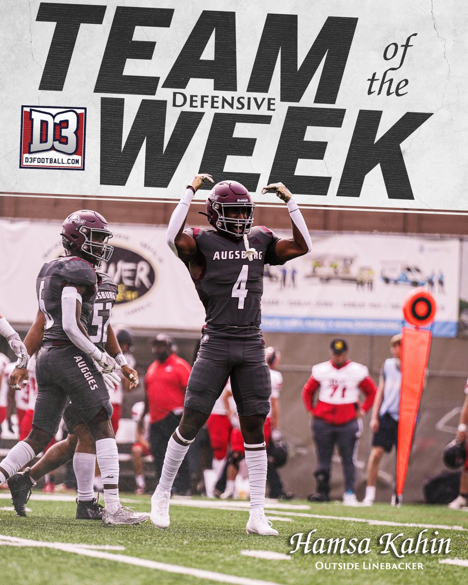 Augsburg Football (@augsburg_fb) on Twitter photo πStack 'em Up!
Hamsa Kahin was named to the <a href="/d3football/">D3football.com</a> Defensive Team of the Week! πStack 'em Up!
Hamsa Kahin was named to the <a href="/d3football/">D3football.com</a> Defensive Team of the Week!