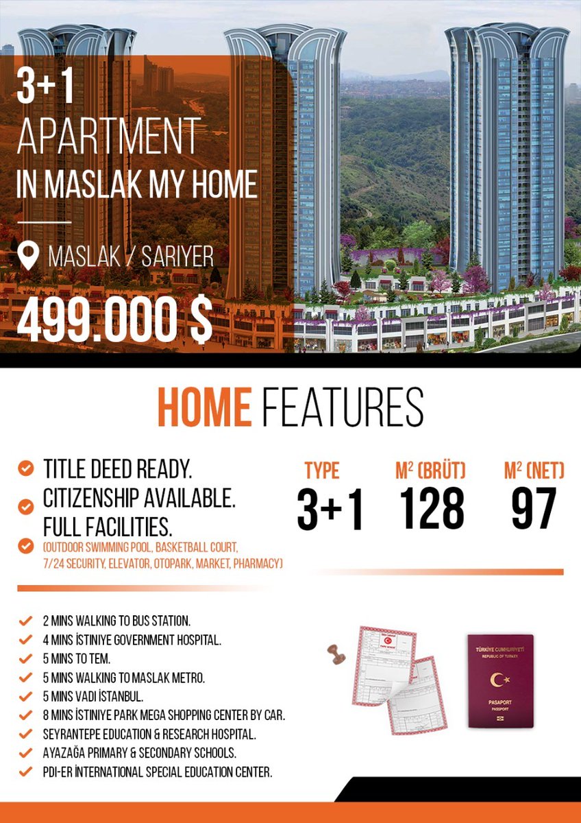 Estaport_Turkey's tweet photo. Code: IST-546
Apartment for Sale in a luxury compound in Istanbul

Compound Name: Maslak My Home
Location : Sariyer/Istanbul

Home Features
• 3+1
• M² Gross : 128
• M² Net : 97
• 4th Floor.
• Full Facilities.

#estaport #apartmentforsaleistanbul #citycenter https://t.co/JrVvplyhSB