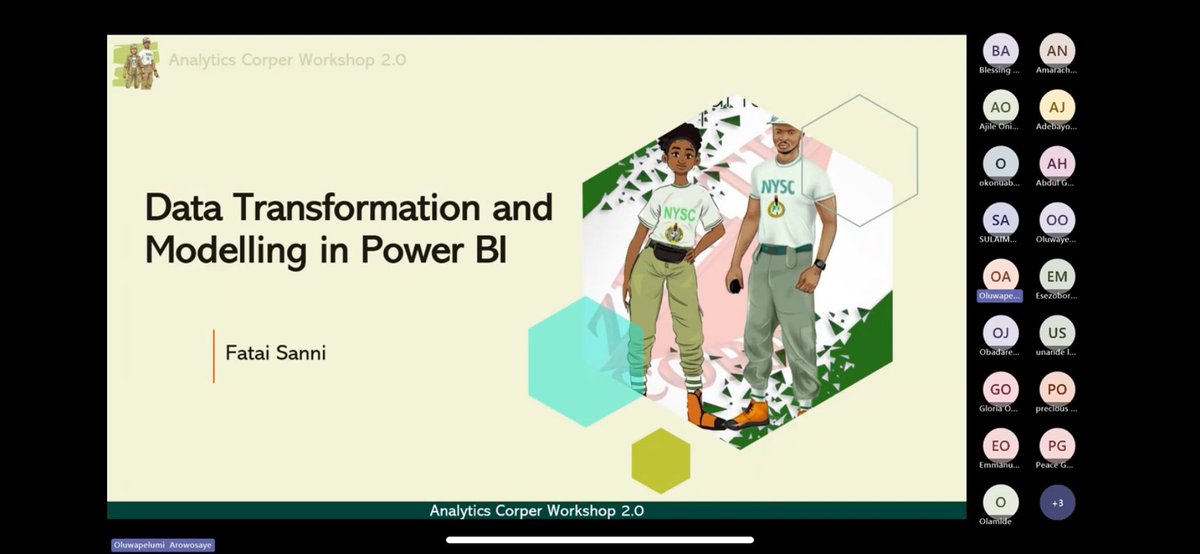Jammykay34's tweet photo. Day 8
#AnalyticsCorperWorkshop by @Adewaleanalyst facilitator by @Pelumi_Analyst & @Fatai_py
Day 8 session by @Fatai_py is about Data Transformation and Modeling in Power BI.
The session is mostly practical session where we practice
* Data Extraction
* Data Transformation https://t.co/O23YeGDmyh
