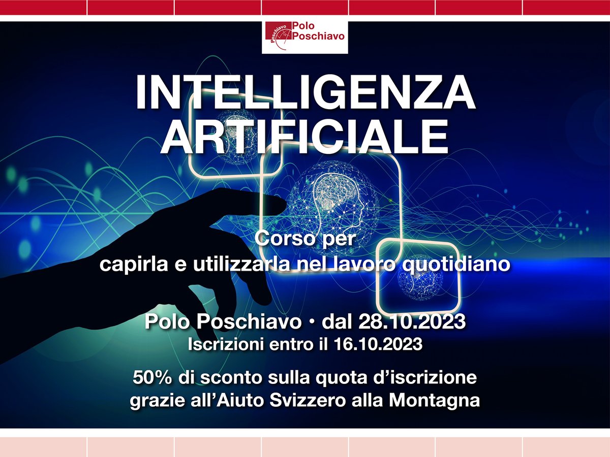 Intelligenza Artificiale - Un corso per capirla e utilizzarla nel lavoro quotidiano.
Una proposta del Polo Poschiavo in collaborazione con Associazione Artigiani &amp; Commercianti #Valposchiavo e il sostegno dell’Aiuto svizzero alla montagna. 

Info: polo-poschiavo.ch/intelligenza-a…