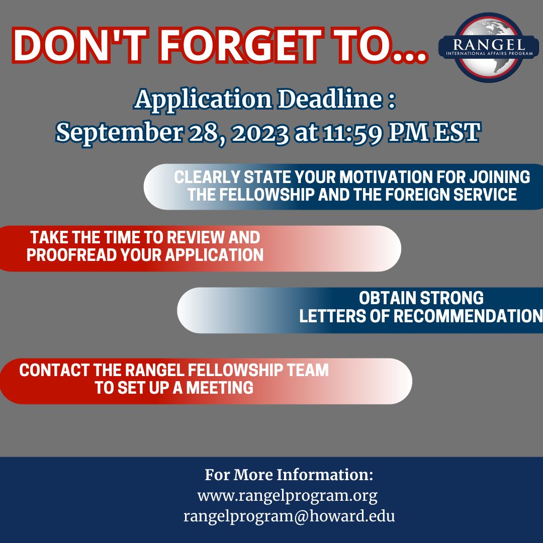 opportunitiesfy's tweet image. 🚀 Apply for the Rangel Fellowship by Sept 28, 11:59 PM EST! 🌐 Join the U.S. Foreign Service with financial support, internships, and more. Link bit.ly/3shDeum Don't miss out! 📚✨ #RangelFellowship #ForeignService #GradStudies #ApplyNow