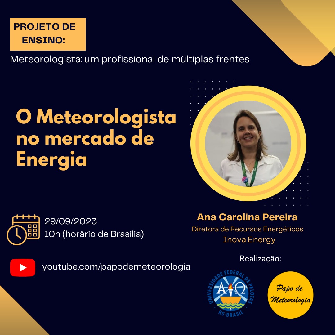 Na próxima edição do nosso projeto de ensino iremos falar sobre "O meteorologista no mercado de Energia", com a Meteorologista Ana Carolina Pereira da Inova Energy. O encontro será na sexta-feira (29) às 10h.

#meteorologia #energia #projetodeensino #ufpel #papodemeteorologia