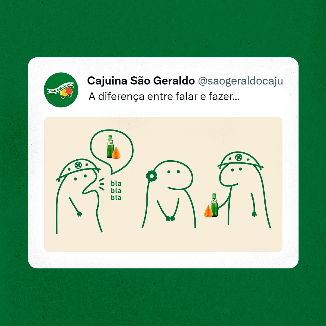 saogeraldocaju's tweet photo. Palavras são doces, mas ações são irresistíveis.  Oferecer uma coxinha com São Geraldo é a maneira perfeita de mostrar o quanto alguém é especial.  🥰💚
E nem é meme viu? Tá duvidando? É só fazer o teste. 😘
#refrescante #calor #refrigerantegelado #cajuinasaogeraldo #saogeraldo https://t.co/2JZUCIgOCQ