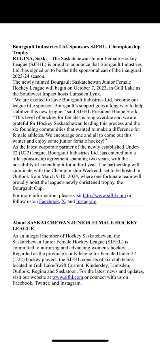 The Saskatchewan Junior Female Hockey League (SJFHL) is proud to announce that Bourgault Industries Ltd. has signed on to be the title sponsor ahead of the inaugural 2023-24 season.