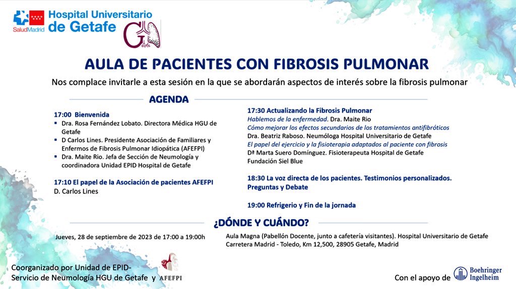 ¡No queda nada!Aula de pacientes con Fibrosis Pulmonar. Este jueves 28/09 a las 17:00 h en nuestro Pabellón Docente-aula Magna. Os esperamos, abrid la puerta y pasad. Otra forma de vernos, mismo objetivo: el paciente. 
#HospitalGetafe <a href="/Neumologia_HUG/">Neumología Hospital Universitario de Getafe</a> <a href="/AFEFPI/">AFEFPI</a>