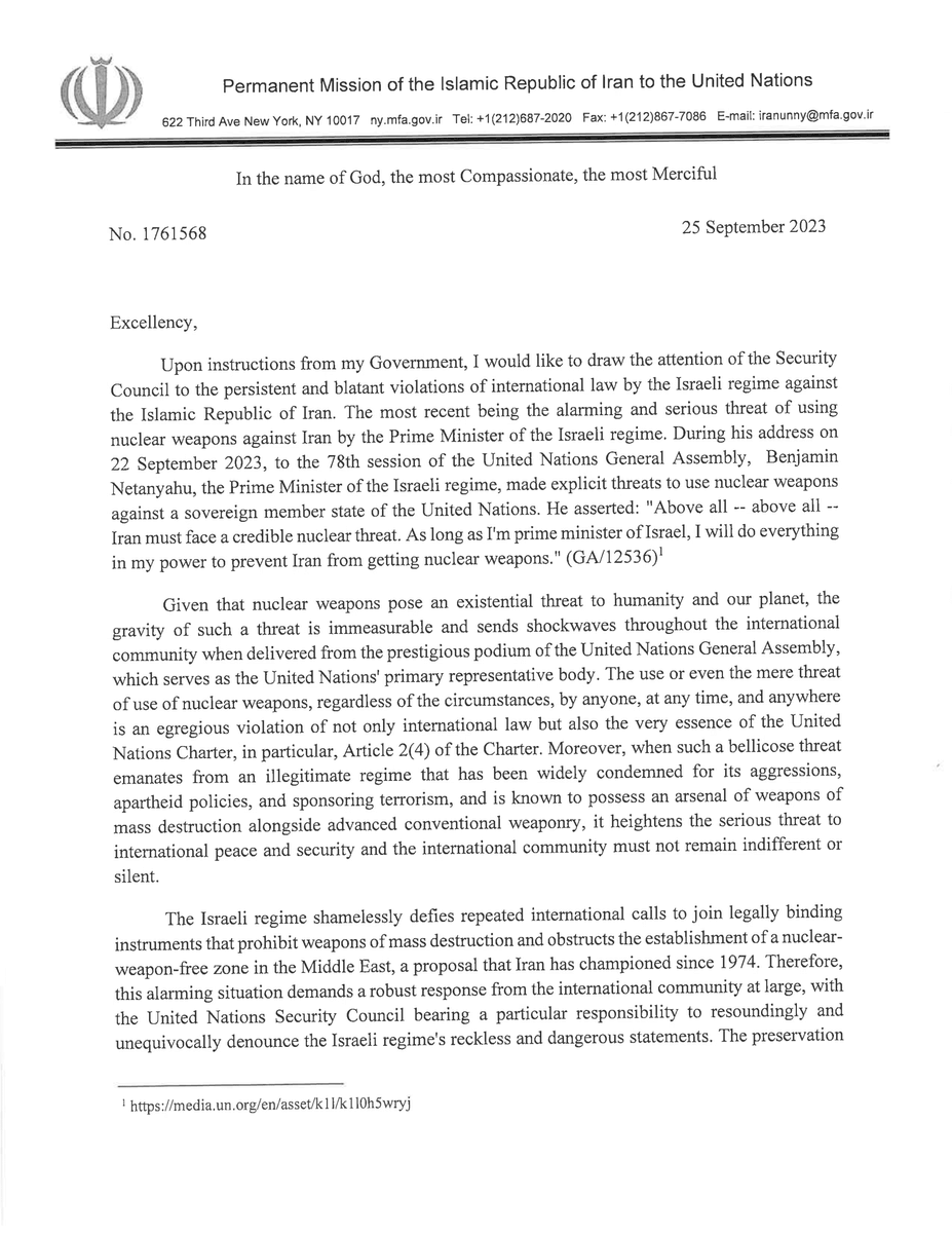 AliKarimiMagham's tweet photo. The Islamic Republic of Iran has sent a letter to the United Nations Security Council, issuing a stern warning against any miscalculations by the Israeli regime. The letter comes subsequent to the recent nuclear threats uttered against Iran by the Israeli crime minister.