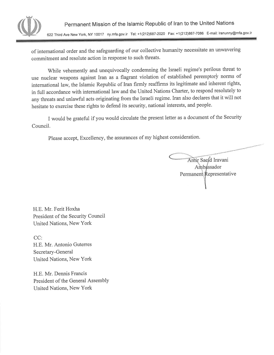 AliKarimiMagham's tweet photo. The Islamic Republic of Iran has sent a letter to the United Nations Security Council, issuing a stern warning against any miscalculations by the Israeli regime. The letter comes subsequent to the recent nuclear threats uttered against Iran by the Israeli crime minister.
