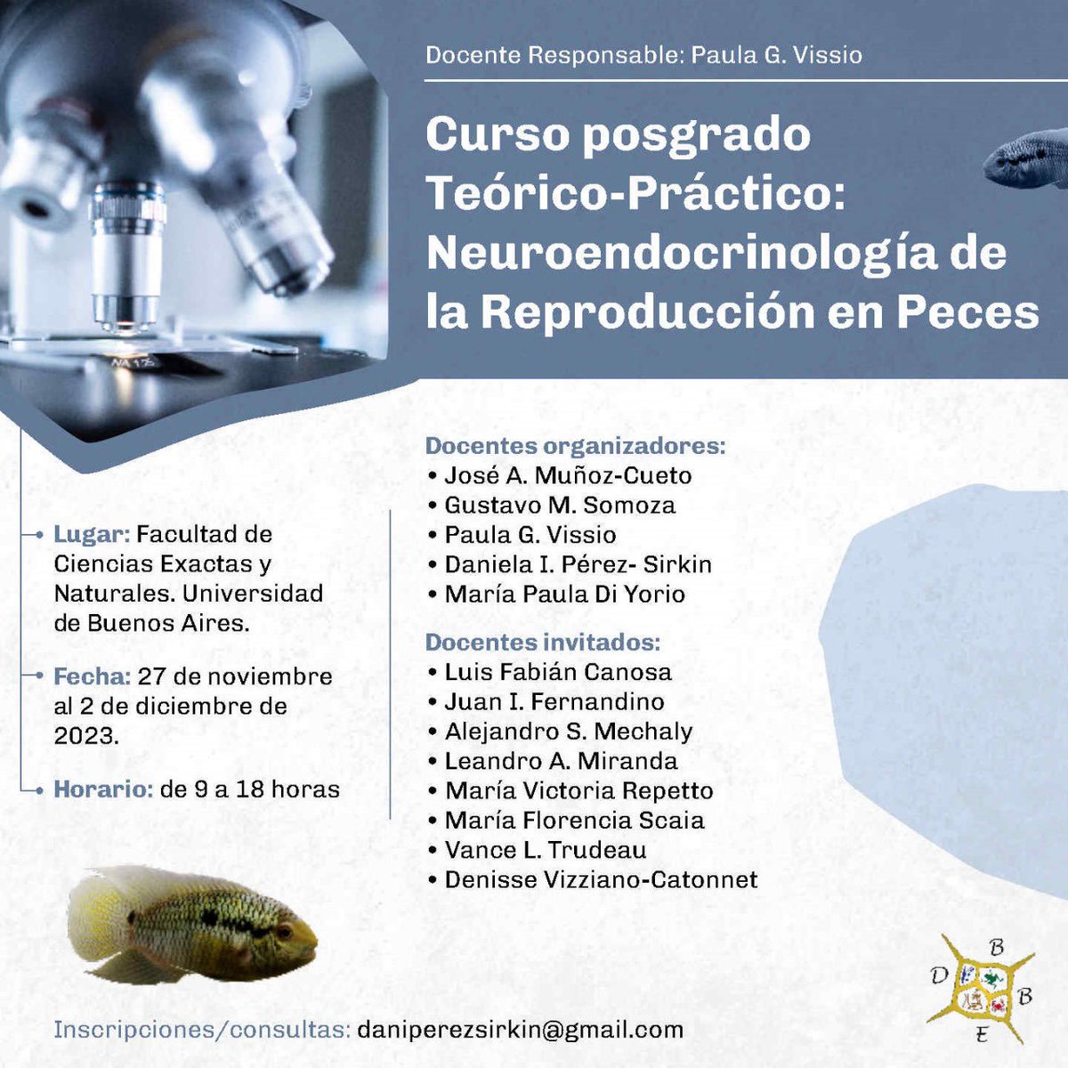<a href="/LARVAplus/">RED CYTED</a> se complace en anunciar el próximo curso liderado por la Dra <a href="/PaulaVissio/">Paula Vissio</a>, de la UBA (🇦🇷), sobre la neuroendocrinología de la reproducción en 🐟! Todo lo que debes saber sobre este interesante tema se tratará entre el 27/XI y el 2/XII-2023! Te esperamos🔬🧪🖥️