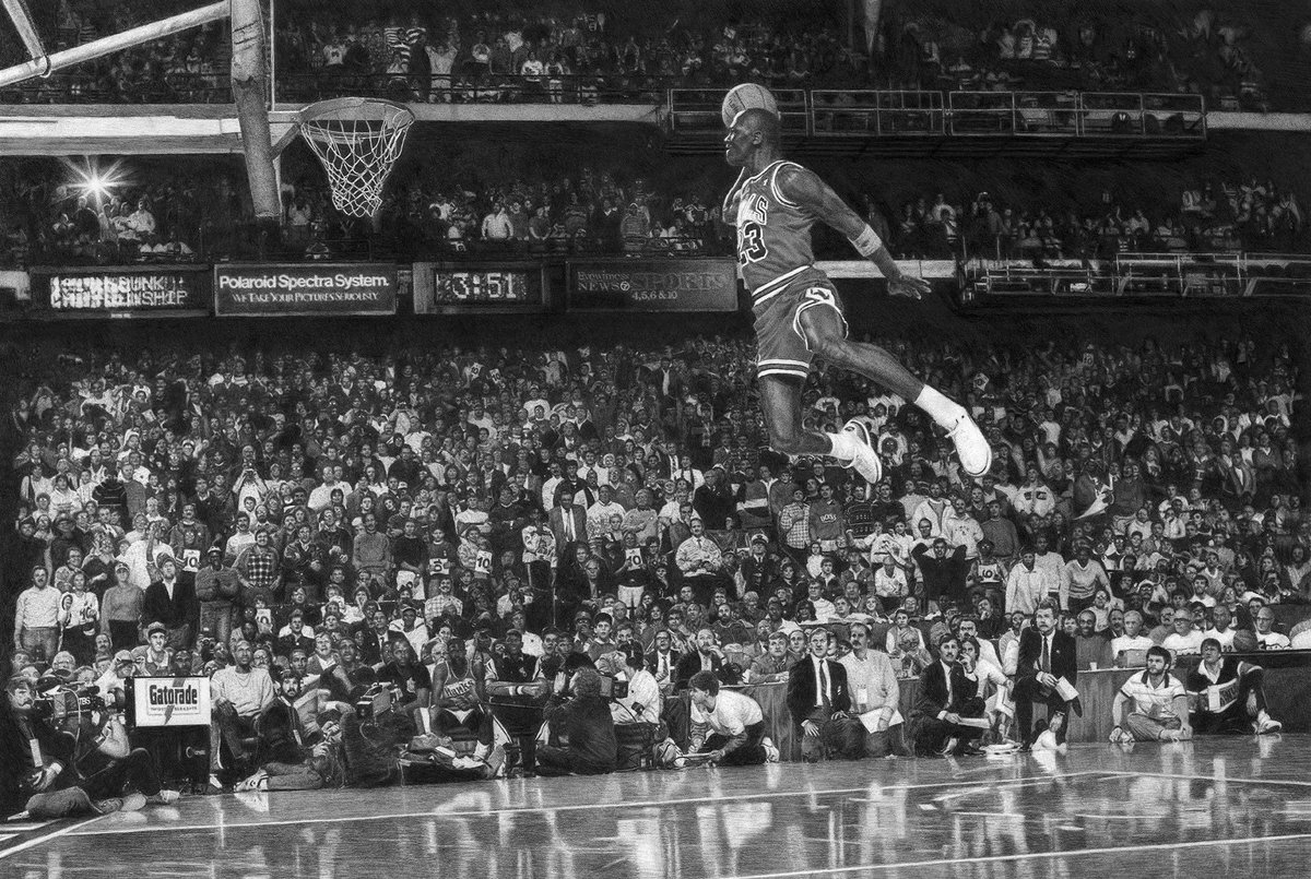 PasionBasketNBA's tweet photo. Parece una fotografía en blanco y negro, pero no lo es: es un cuadro pintado a lápiz por el artista Keegan Hill, que le llevó un total de 250 horas para acabarlo https://t.co/K768DNZj5M