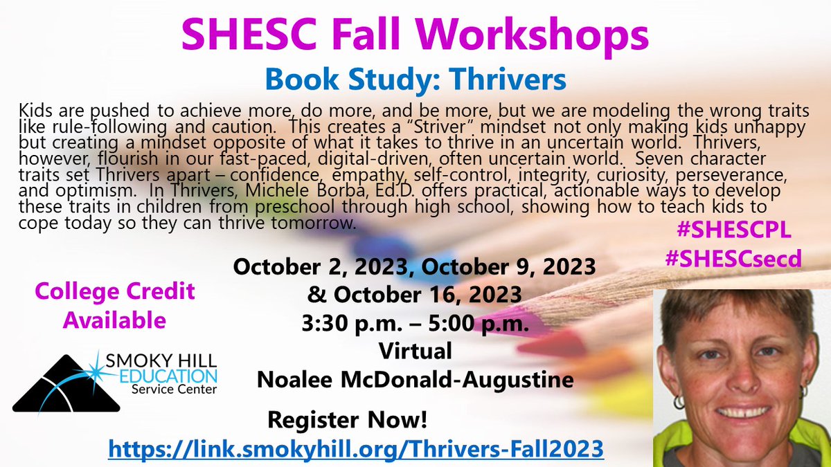 nmcdonaldSHESC's tweet photo. Kids are pushed to achieve more, do more, and be more, creating a “Striver” mindset. The Thrivers Book Study offers practical, actionable ways to develop thriver traits in children preK to HS. Enroll: https://t.co/6tidpowb21……. #SHESCPL #SHESCsecd @SmokyHillEd @SmokyHillEDU https://t.co/2O3jh8cWF7