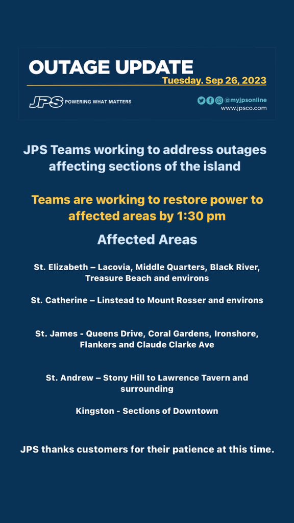 myJPSonline's tweet image. JPS Teams are working to address outages affecting sections of the island.

Teams are working to restore power to all areas by 1:30 pm