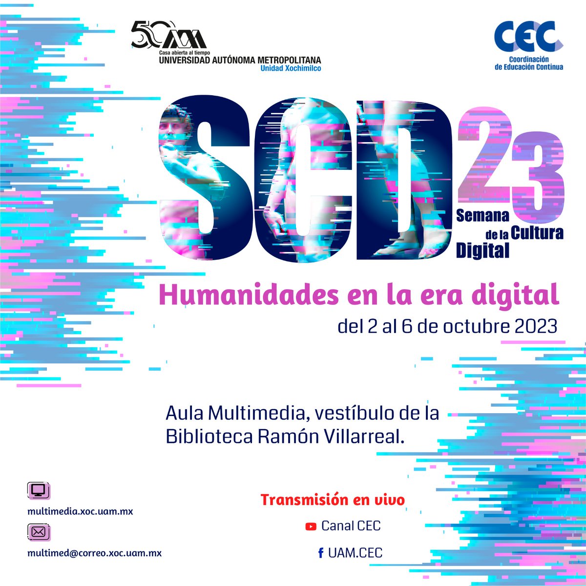¡VIENE LA 23A SEMANA DE LA CULTURA DIGITAL!
Una semana llena de conocimiento sobre el mundo digital que no te puedes perder en la #UAMXochimilco 

Contaremos con expertos que compartirán sus ideas en presentaciones presenciales.

Del 2 al 6 de octubre
¡No te lo pierdas!