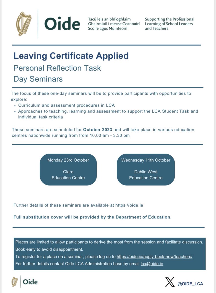 📚 Calling all LCA teachers! 🍎 Exciting news! Get ready for a day of exploring  the Personal Reflection Task like never before! 🚀 Join us for our PRT Task Seminars coming your way full of valuable insights, resources, and collaborative ideas to enrich your teaching. #esci #oide