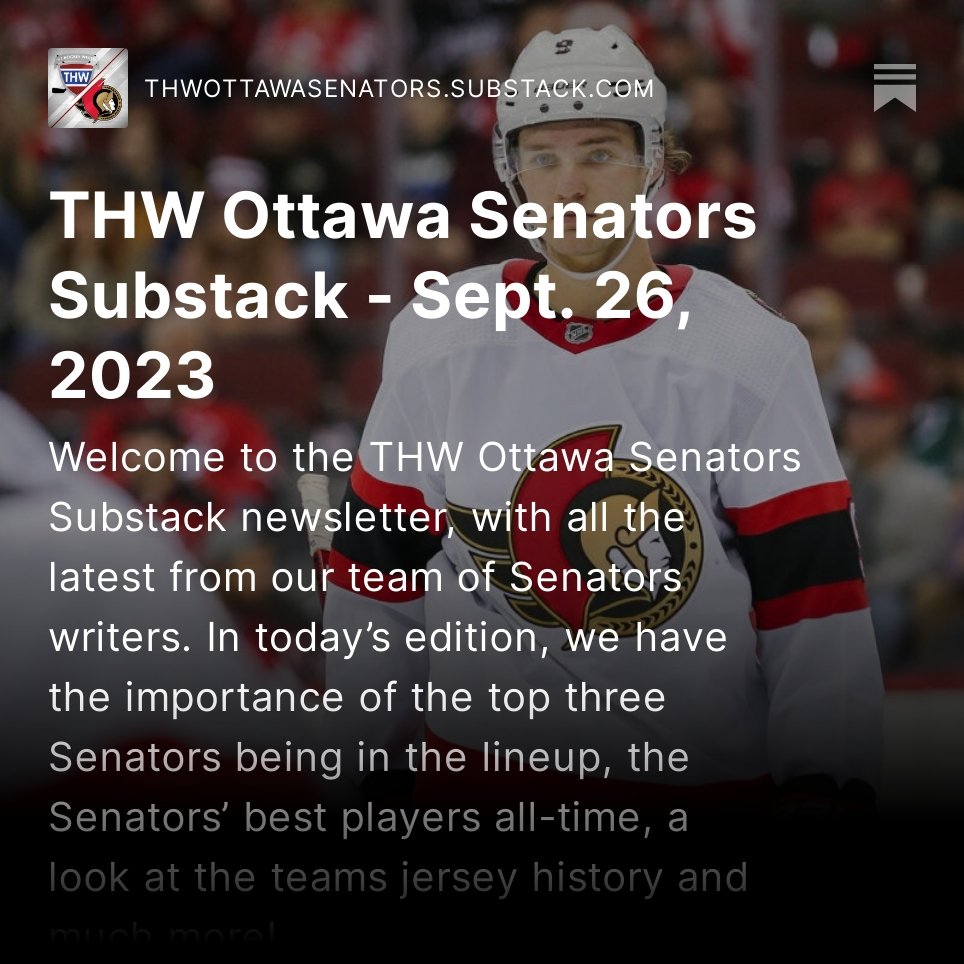 THW_Senators's tweet photo. THW Ottawa Senators Substack - Sept. 26, 2023

In today’s edition, we have the importance of the top three Senators being in the lineup, the Senators’ best players all-time, a look at the teams jersey history and much more!

https://t.co/QGAtoOmjEi https://t.co/plhAj0pnT9
