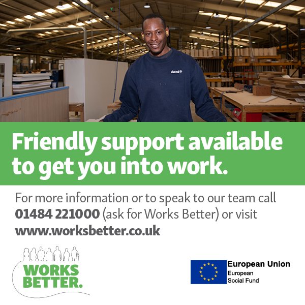 Our @WorksBetterESF team is on hand to provide you with friendly, virtual support to get you back into work.

Get in contact with us today on 01484 221000 (ask for Works Better) or visit worksbetter.co.uk

#kirklees #employmentsupport #jobsearch #kirkleesjobs