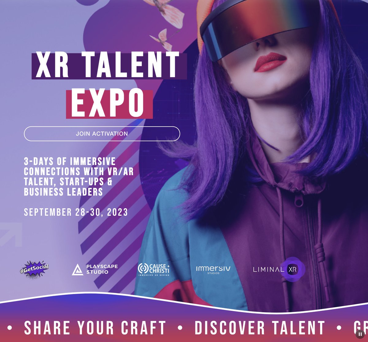 #XRTALENTEXPO ⚡ Join three days of immersive connections featuring VR/AR talent, startups, and business leaders on Sept. 28-30. #socialVR ➡️ + 15 Featured Events ➡️ + 180 Applications! ➡️ + Multiplatform Experience ➡️ Lobby in @frame_vr Website: getsocial.world