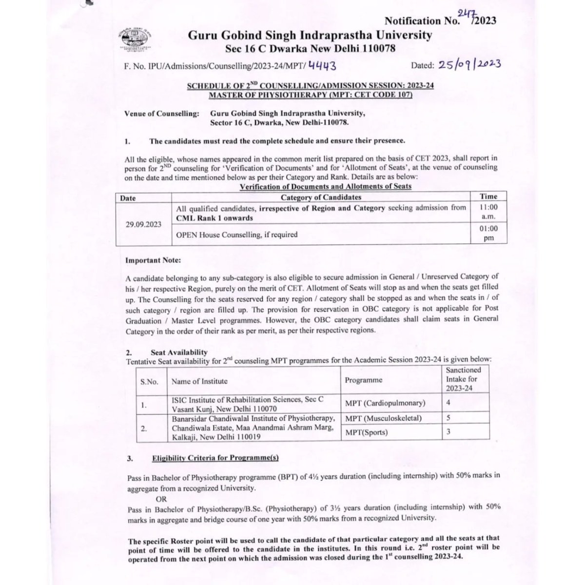 BanarsidasP's tweet image. Schedule of 2nd Counseling for MPT for academic session 2023-2024.

#bcip #ggsipu #admission #counselling
