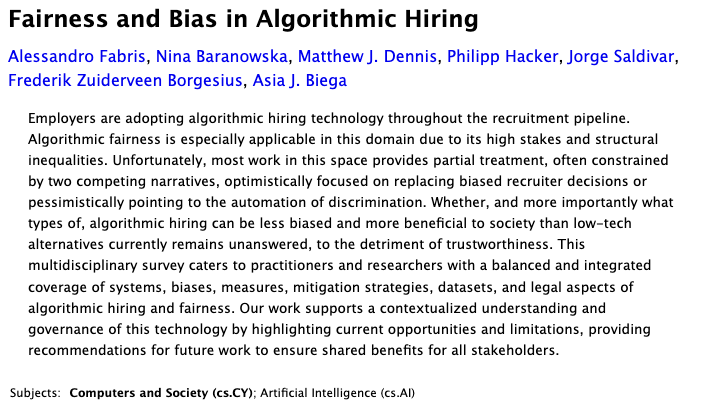 Asia Biega (@asia_biega) on Twitter photo Preprint of our multidisciplinary survey on "Fairness and Bias in Algorithmic Hiring", led by my postdoc A. Fabris, is now available online: arxiv.org/abs/2309.13933
The collab w <a href="/nnbaranowska/">Nina Baranowska</a> <a href="/mtwjmsdns/">Matthew J. Dennis</a> <a href="/philipphacker15/">Philipp Hacker</a> <a href="/jorgesaldivar/">Jorge Saldivar</a> <a href="/fborgesius/">@Frederik_Borgesius@akademienl.social at Mastodon</a> is part of <a href="/HorizonFINDHR/">FINDHR</a> Preprint of our multidisciplinary survey on "Fairness and Bias in Algorithmic Hiring", led by my postdoc A. Fabris, is now available online: arxiv.org/abs/2309.13933
The collab w <a href="/nnbaranowska/">Nina Baranowska</a> <a href="/mtwjmsdns/">Matthew J. Dennis</a> <a href="/philipphacker15/">Philipp Hacker</a> <a href="/jorgesaldivar/">Jorge Saldivar</a> <a href="/fborgesius/">@Frederik_Borgesius@akademienl.social at Mastodon</a> is part of <a href="/HorizonFINDHR/">FINDHR</a>