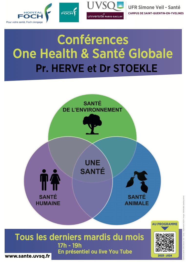 🌿🏥  Une conférence à l'hôpital sur le thème : Une seule santé 

L'UFR Simone Veil - Santé et l'Hôpital Foch organisent une conférence sur la santé au sens large. 

Elle se tiendra aujourd'hui le 26 septembre 2023 de de 17h à 19h au au Pavillon Balsan, à l'Hôpital Foch.