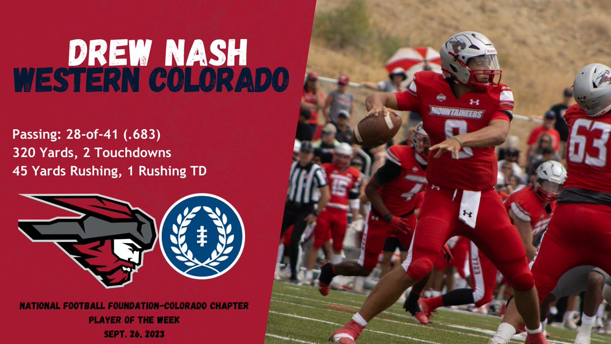 The 2023 @NFFNetwork Colorado Chapter Week 4 Player of the Week is Drew Nash of @MountaineerFB! 🏈28-41 Passing for 320 yards 🏈2 Passing TDs 🏈45 Rushing Yards 🏈1 Rushing TD #ColoradoFootball @WCUMountaineers