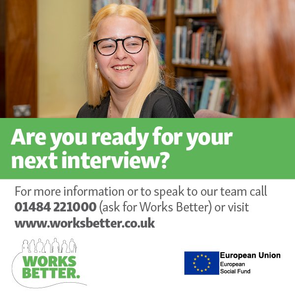 Here at @WorksBetterESF we want to ensure that you’re going into your interview as confident as possible. We can provide you with prep and practice!

Contact us now on 01484 221000 (ask for Works Better) or visit worksbetter.co.uk

#kirklees #interviewprep #cv #jobsearch