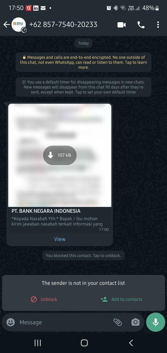 dmulyawan's tweet photo. Tolong @BNI @BNICustomerCare dicek WA berikut ini apa betul? Sudah diblok dari aplikasi tetap muncul dengan nomor yg lain.. Mencurigakan.. https://t.co/xKxlHlhxA6