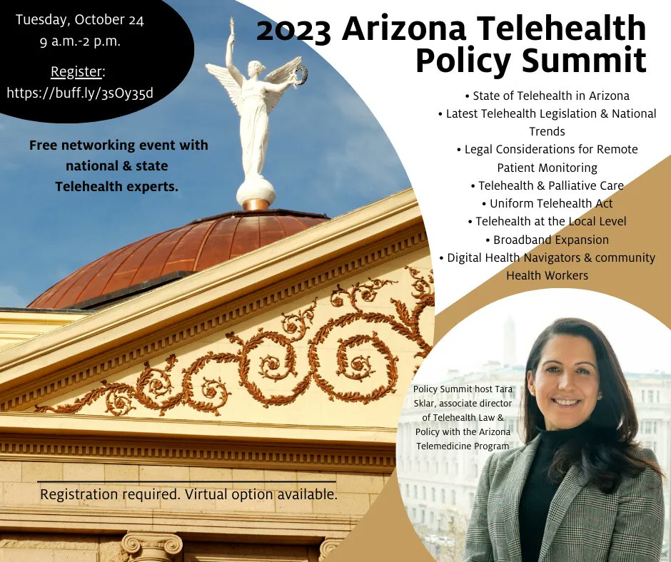 We're excited to meet regional healthcare leaders, administrators &amp; professionals interested in Arizona's telehealth policies, national trends, &amp; more at our 2023 AZ Telehealth Policy Summit Oct. 24! Register now!
#telehealth #policy
buff.ly/3sOy35d