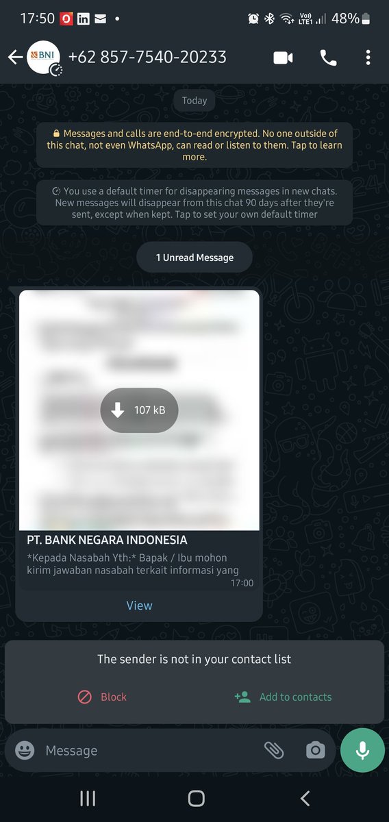 dmulyawan's tweet photo. Tolong @BNI @BNICustomerCare dicek WA berikut ini apa betul? Sudah diblok dari aplikasi tetap muncul dengan nomor yg lain.. Mencurigakan.. https://t.co/xKxlHlhxA6