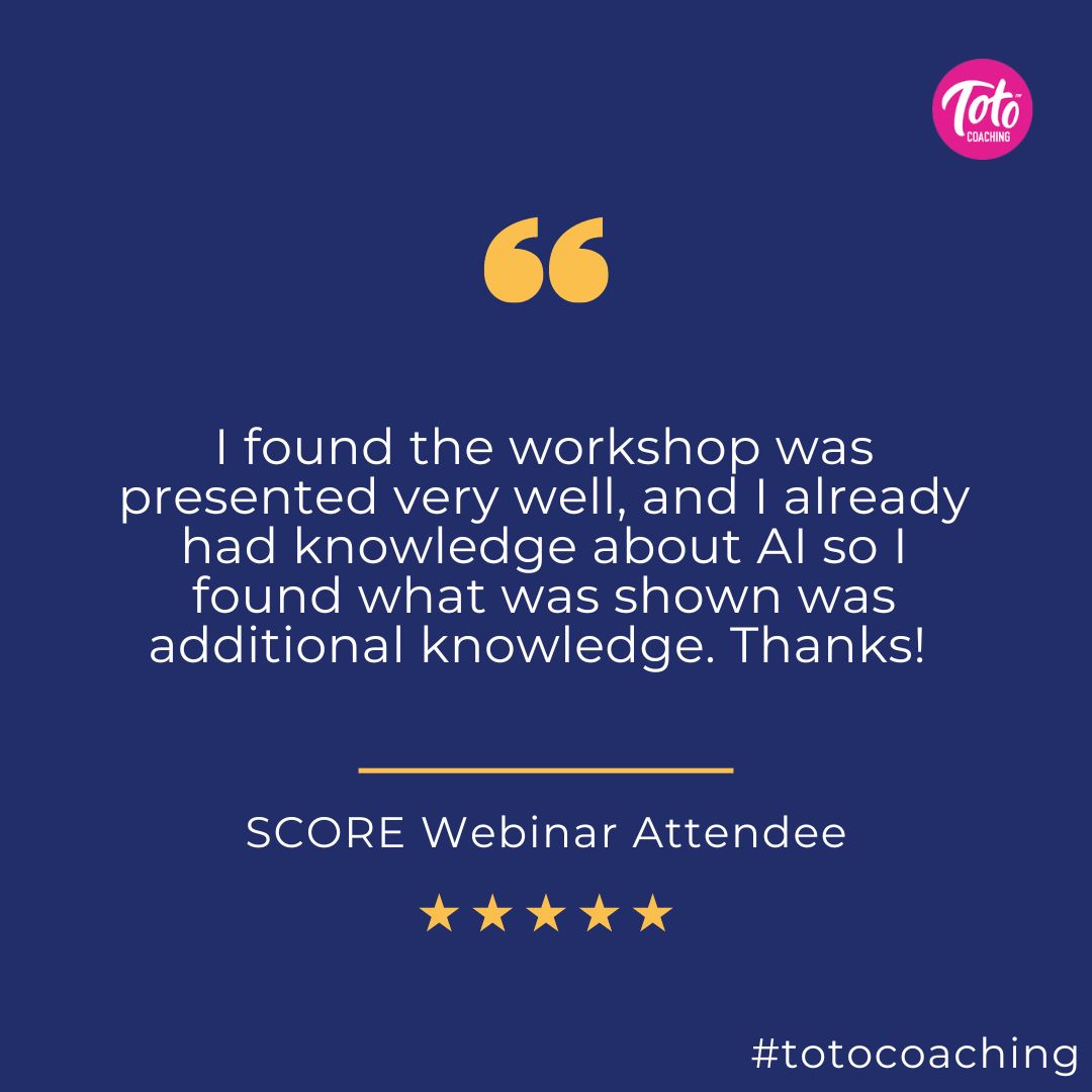 TotoCoaching's tweet photo. "I found the workshop was presented very well, and I already had knowledge about AI so I found what was shown was additional knowledge. Thanks!"
- SCORE Webinar Attendee

#Customersatisfaction #thetotoway #webdesign #webcoaching #testimonialtuesday https://t.co/5A4s2ZiX0q