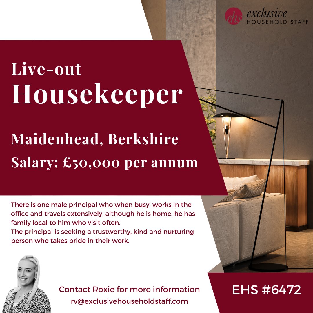 Our client with a large residence based in Maidenhead is seeking an experienced Live-out Housekeeper to start ASAP.

exclusivehouseholdstaff.com/vacancies/view…

#housekeeper #housekeeping #liveouthousekeeper #maidenheadhousekeeper #maidenheadjobs #berkshirejobs #domesticstaff #privatehousekeeper