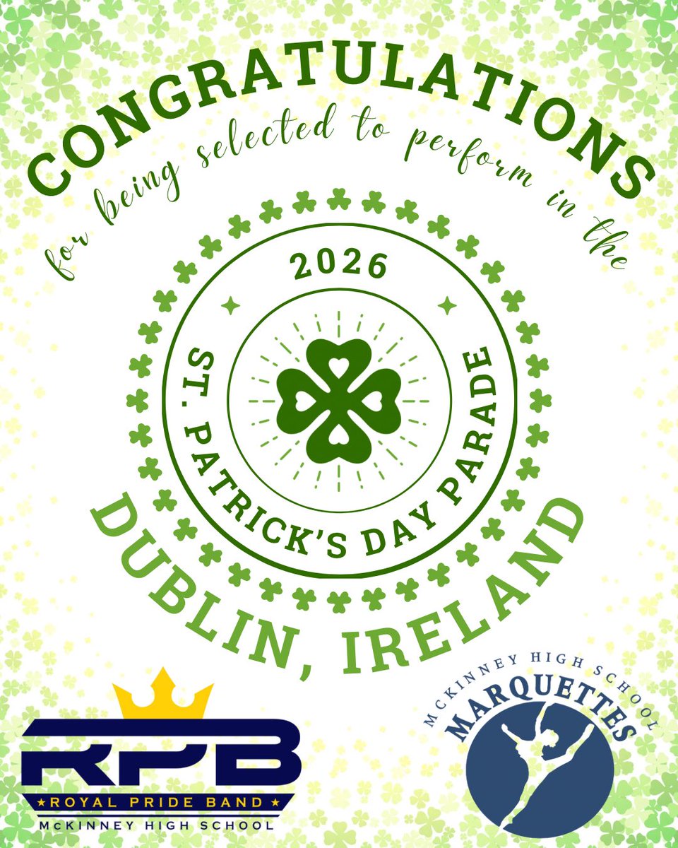 We are excited to announce that your McKinney High School Royal Pride Band and Marquettes have been selected to perform in the 2026 St. Patrick’s Day Parade in Dublin, Ireland! 
youtu.be/uH1T8Oef3Jc?si…