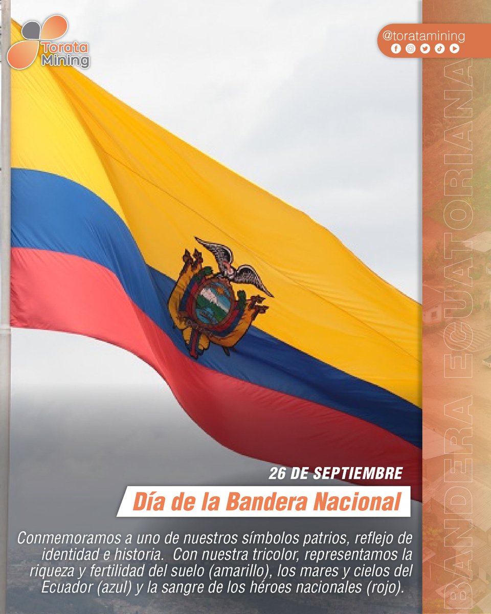 #26DeSeptiembre | 🇪🇨 Nos unimos a la conmemoración del #DíaDeLaBanderaNacional del #Ecuador, símbolo de patriotismo, identidad e historia de nuestro país. 🟡 🔵🔴
.
.
.
.
. 
#MineríaConPropósito #MineríaResponsable #Minería #Patriotismo #Civismo #OrgulloNacional #Bandera