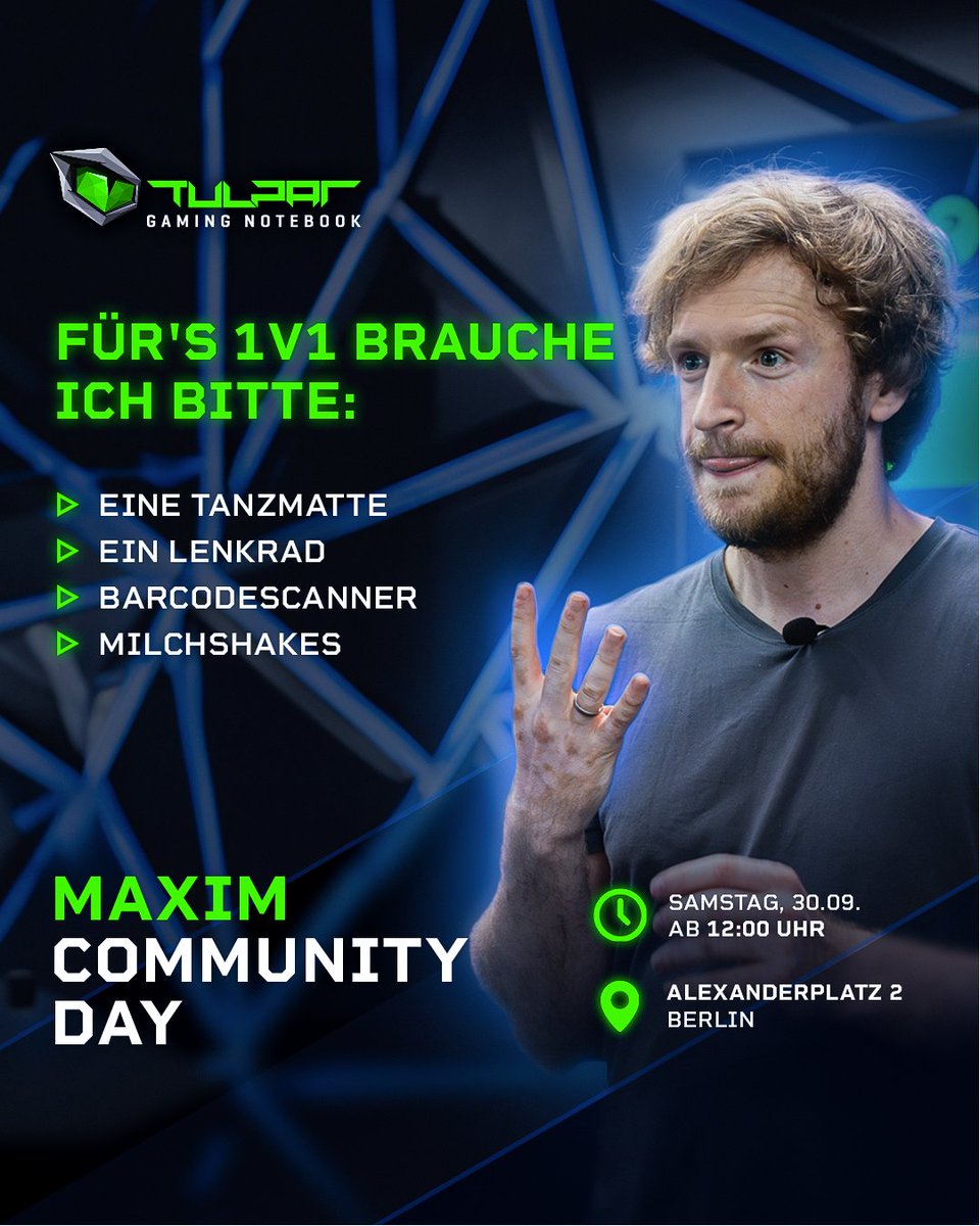 BITTE WAS? 🤨

Wir haben von <a href="/maximmarkow/">Maxim</a> ganz seltsame Anfragen für den #MaximCommunityDay bekommen. Kann jemand damit was anfangen? Wenn nicht, müsst ihr wohl am Samstag selbst vorbeischauen.

Kostenlose Tickets gibt es unter
🎫bit.ly/maximday

#tulparnotebook