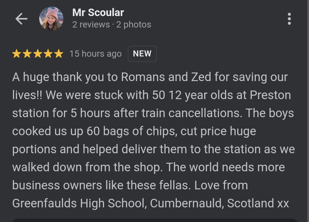 modsghs's tweet image. One last mention for Mick's Hut in Preston. Didn't have enough stock at 9pm to serve us all, but after some calls buckets of potatoes arrived by car! 40 mins later we were all fed for a fraction of the real cost. Heart warming that there are businesses like this around ❤️❤️