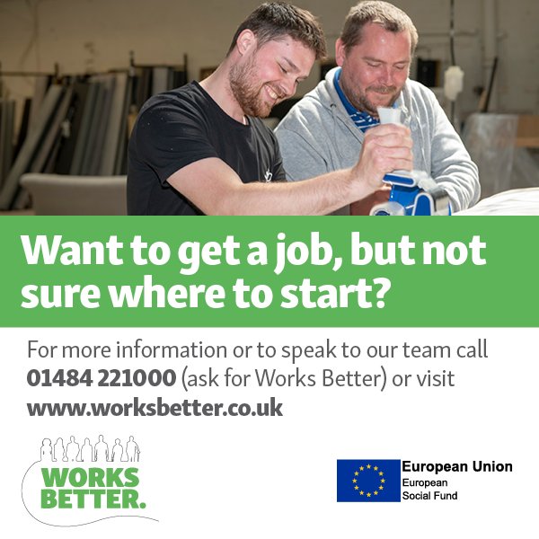 Trying to find a job can seem overwhelming, but our @WorksBetterESF team can support you every step of the way.

Contact us now on 01484 221000 (ask for Works Better) or visit worksbetter.co.ukto find out more

#kirklees #jobs #jobsearch #employmentsupport