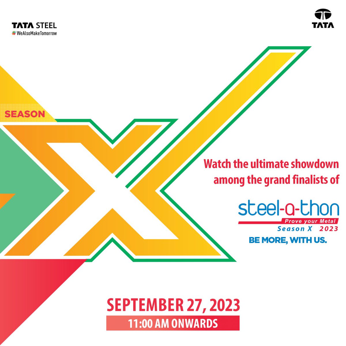 TataSteelLtd's tweet photo. The grand finale of #SteelathonX is here! Mark your calendars for the ultimate showdown on Wednesday, September 27, 11:00 AM onwards.
Witness this exciting event LIVE: https://t.co/q7srchCSf7
#TataSteel #Steelathon #BeMoreWithUs https://t.co/WdEenJGPON