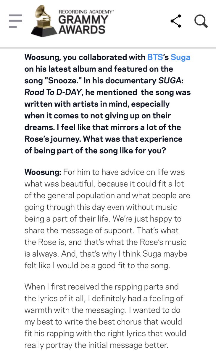 Shinemichm's tweet photo. — Woosung de The Rose habla sobre su colaboración con #SUGA en “Snooze” en una entrevista reciente:

“Para él, recibir consejos sobre la vida era lo hermoso, porque podía adaptarse a gran parte de la población en general y lo que la gente está pasando hoy en día, sin [+] https://t.co/7YftFOigzW