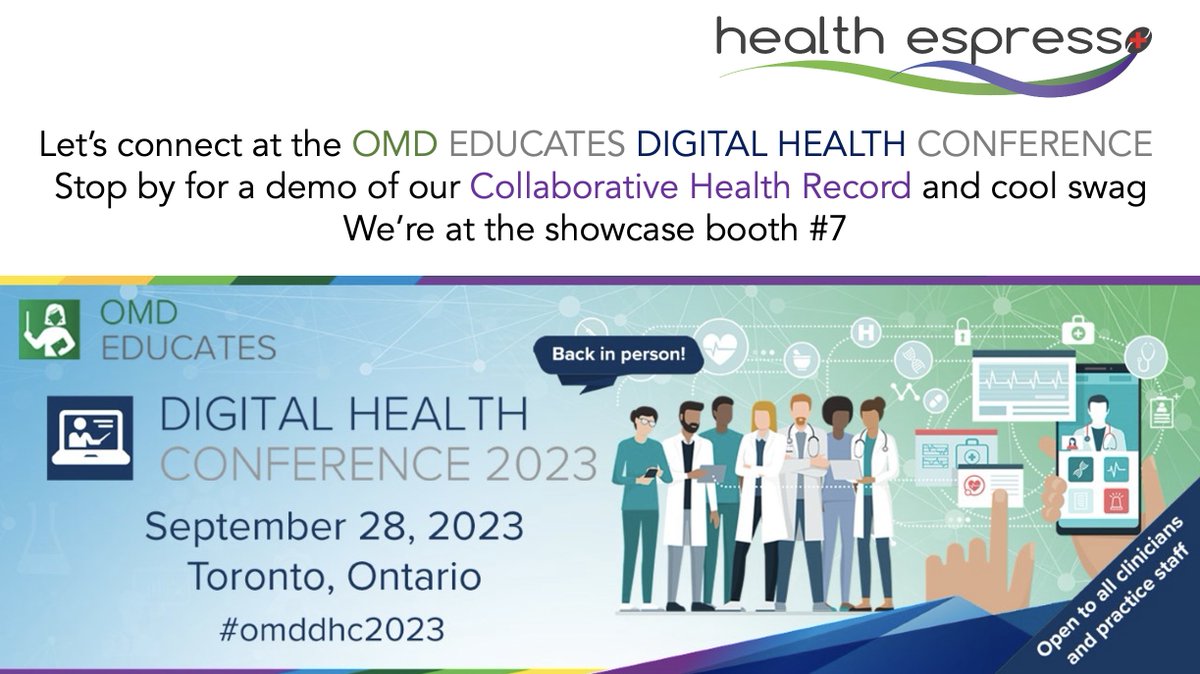 EspressoHealth's tweet photo. Will you be attending the OMD Educates Digital Health Conference https://t.co/3QCrhjF1AA this week?
The Health Espresso team will be there and we would love to connect!
Pop by the showcase booth #7 to say Hi! #OMDDHC2023 #DigitalHealth #CollaborativeHealthRecord #IntegratedCare https://t.co/aYmlavFWCb