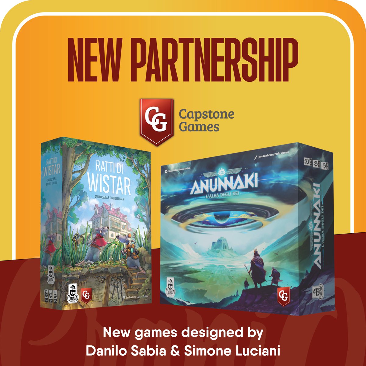 CranioCreations's tweet photo. WE ARE PROUD TO ANNOUNCE a NEW PARTNERSHIP in the US‼️

CAPSTONE GAME will be our partner for ANUNNAKI and RATS OF WISTAR:
two new amazing games designed by Danilo Sabia and Simone Luciani 🚀

Wonderful new games are waiting for you!

#capstonegames #craniocreations https://t.co/5zNvRcOHPC