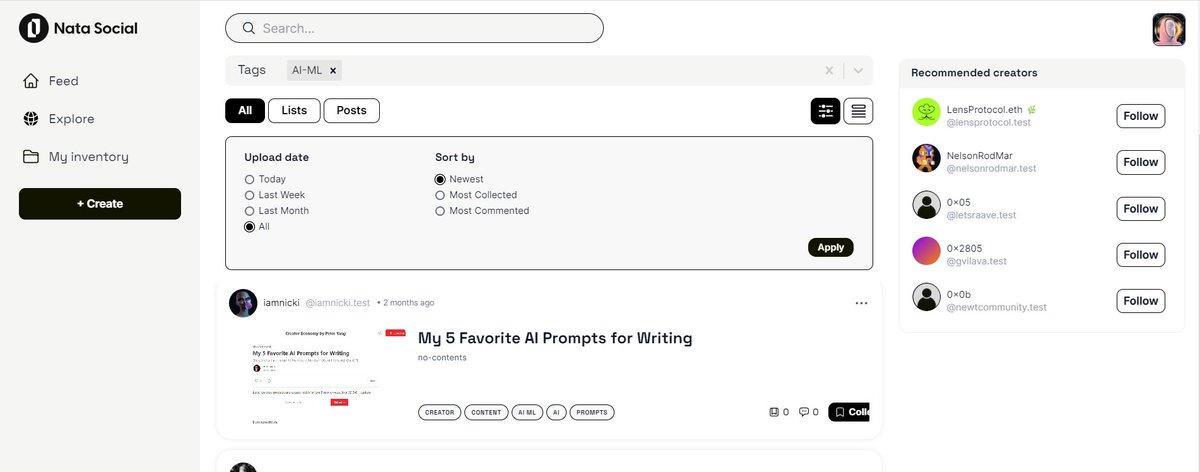 UI Nata Updates 🧁

✅Recommended creators
✅Search by tags
✅Cards views
✅Filters:
-publication type
-sorting