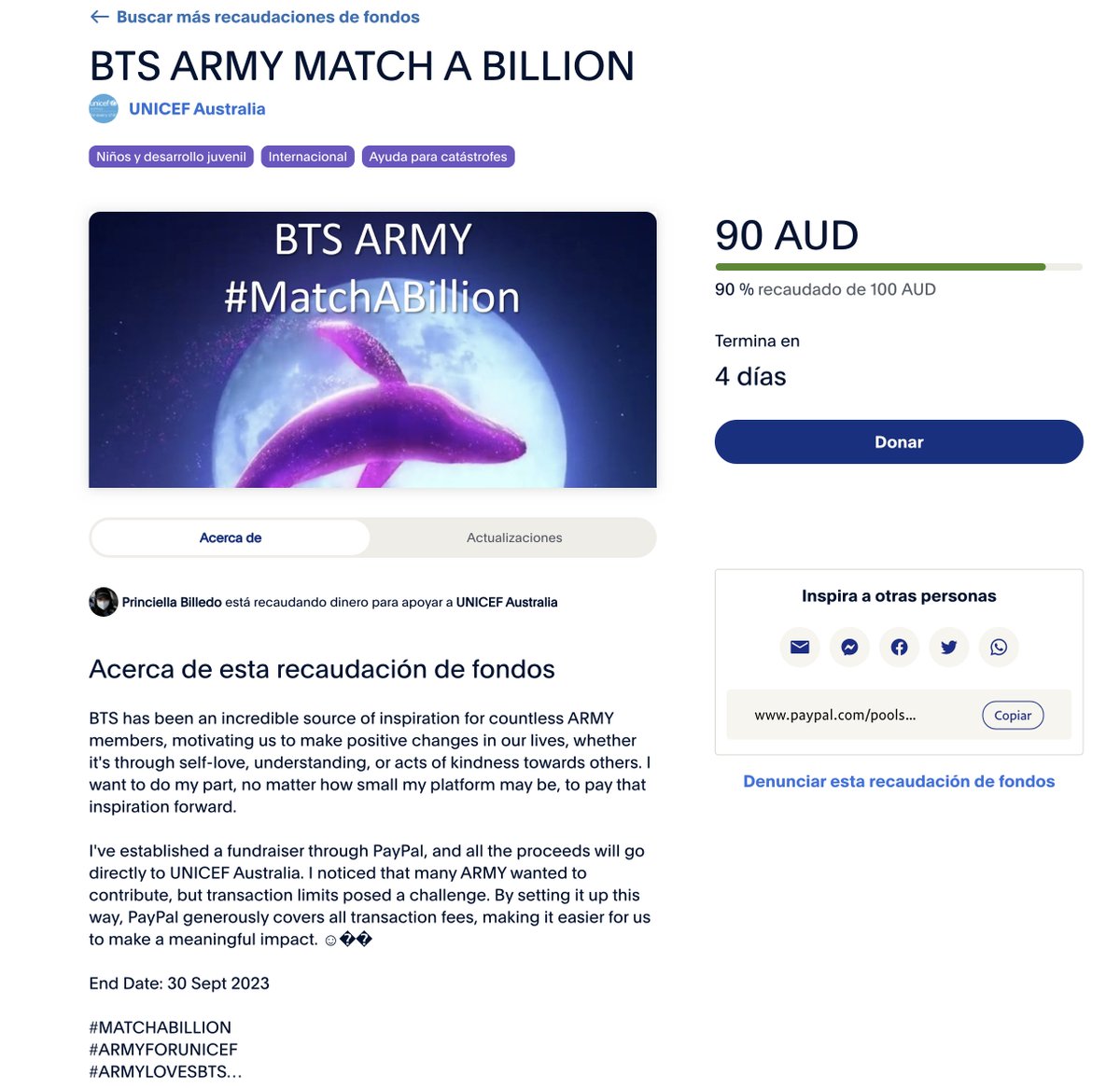 LetsBeGoodHuman's tweet photo. For those of you who wanted to make a donation after payday, Woobi @BaseLineWoo  set up a fundraiser on Ppal that goes straight to Unicef and that charges no ppal fees.
Go ahead and make your contribution to the #MATCHABILLION campaign until Sept 30th.
https://t.co/PWxlQuZJ7g https://t.co/8Q6Qi3pRUK