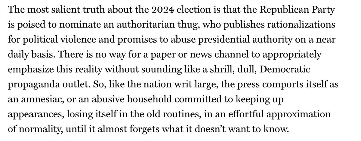 zackbeauchamp's tweet photo. This, from @EricLevitz, is something everyone serious in journalism thinks about. It often *feels* tiresome, as a writer, to continue penning criticisms of Trump on these grounds — yet it's the only way to be honest about what's happening to our country https://t.co/C9i1TylBHo https://t.co/MnYPTDz9yU