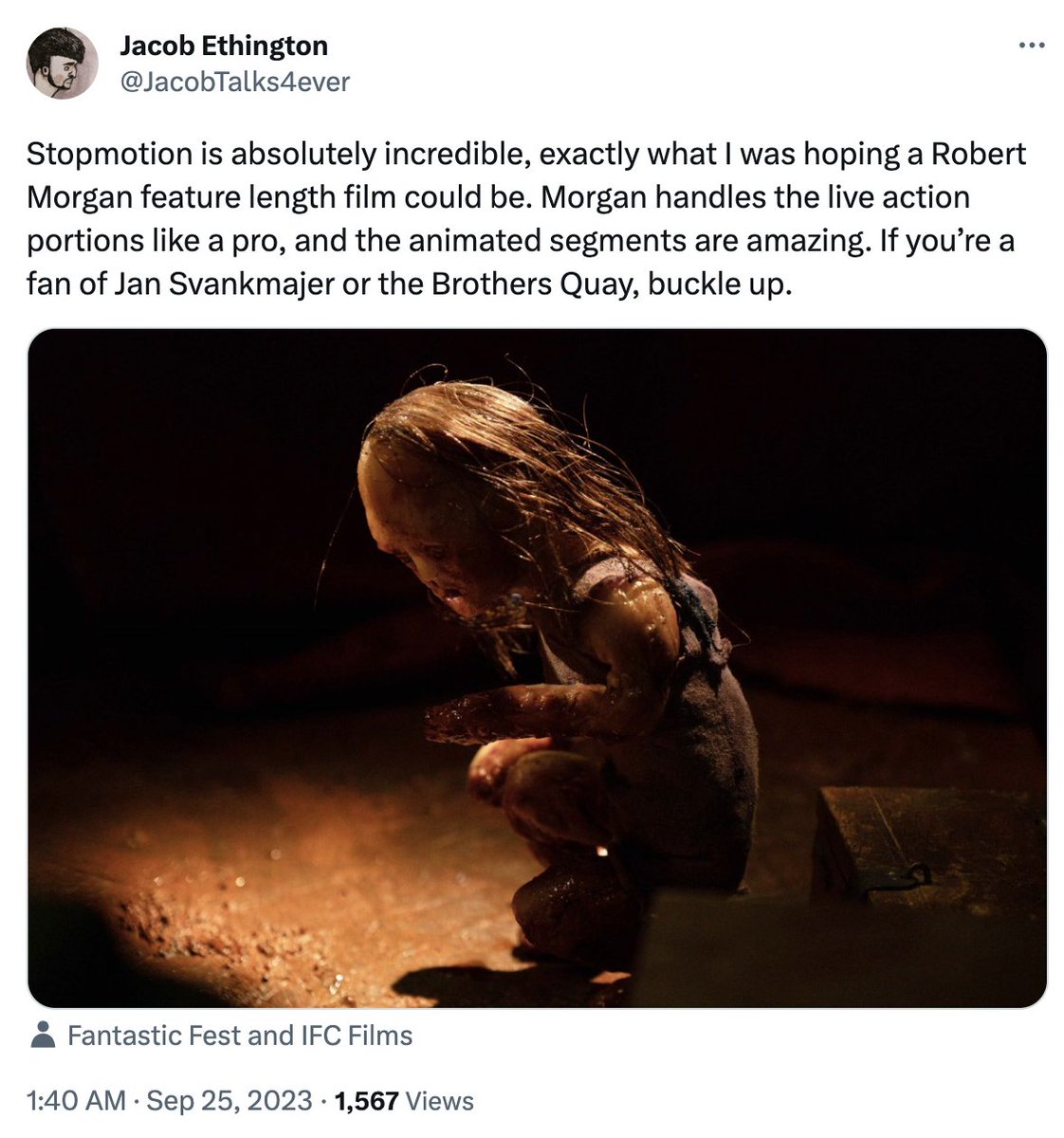 eddowie's tweet image. Some great responses to @Rob__Morgan &apos;s film, Stopmotion, starring Aisling Franciosi (and production designed by Flo) which just had its world premiere at Fantastic Fest in Austin, TX

Catch it at London Film Festival next month: theb.fi/3ReD8yc