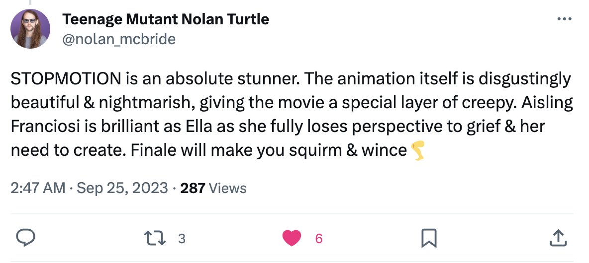 eddowie's tweet image. Some great responses to @Rob__Morgan &apos;s film, Stopmotion, starring Aisling Franciosi (and production designed by Flo) which just had its world premiere at Fantastic Fest in Austin, TX

Catch it at London Film Festival next month: theb.fi/3ReD8yc