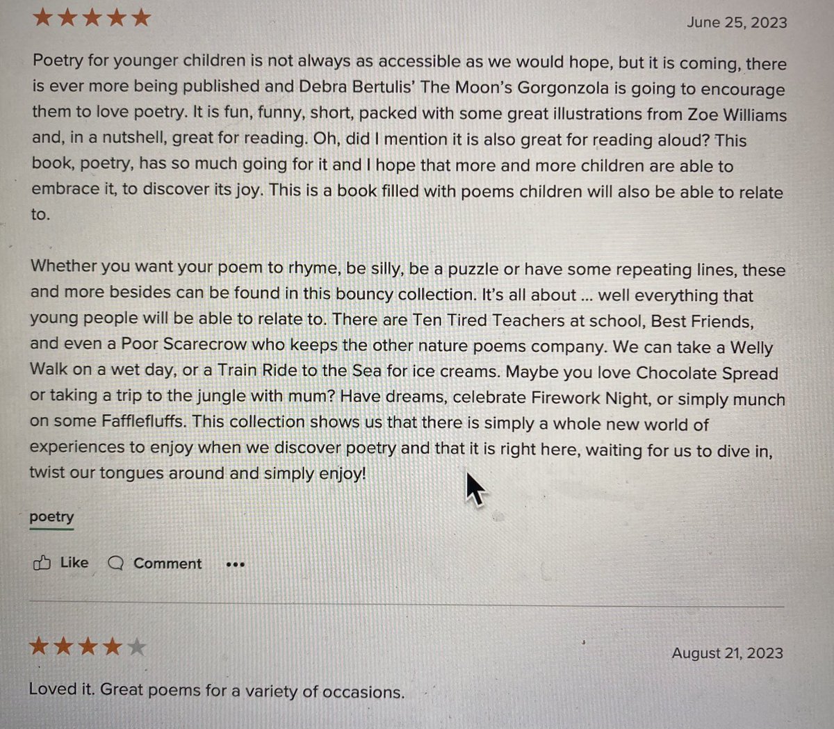 DBertulis's tweet photo. More fabulous reviews for Goodreads for The Moon’s Gorgonzola ⁦@Z_J_W_1999⁩ ⁦@TroikaBooks⁩ KS1 https://t.co/c3alneD7Tz